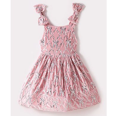 2Bunnies Girls’ Pink Velvet Sequin Bow Pattern Holiday Dress