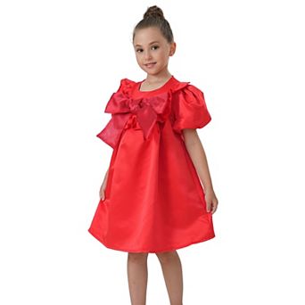Girls’ Holiday Red Satin Puff Sleeve Dress with Oversized Bow