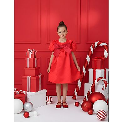 Girls’ Holiday Red Satin Puff Sleeve Dress with Oversized Bow
