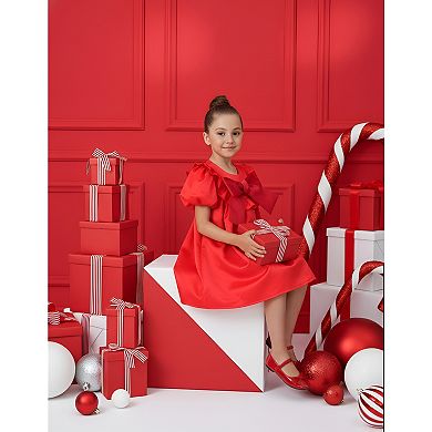 Girls’ Holiday Red Satin Puff Sleeve Dress with Oversized Bow
