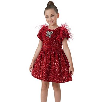 Girls Ruby Red Velvet Sequin Feather Puff Sleeve Holiday Party Dress