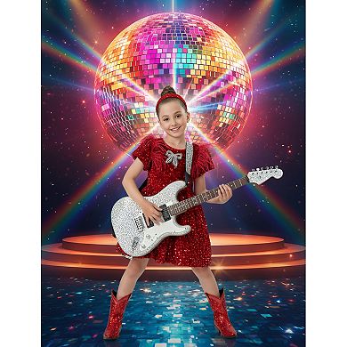 Girls Ruby Red Velvet Sequin Feather Puff Sleeve Holiday Party Dress