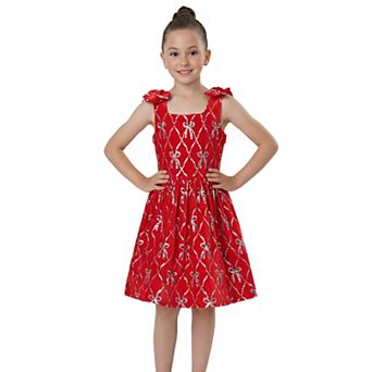 2Bunnies Girls’ Red Velvet Sequin Bow Pattern Holiday Dress