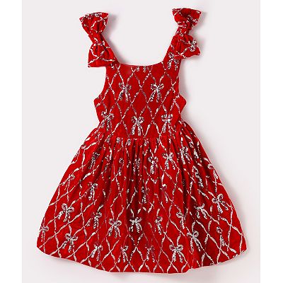 2Bunnies Girls' Red Velvet Sequin Bow Pattern Holiday Dress