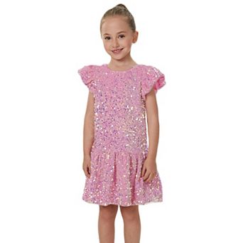 Girls' Velvet Sequin Flutter Sleeve Drop Waist Dress