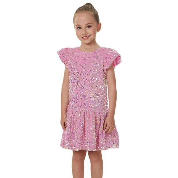 2Bunnies Girls' Velvet Sequin Flutter Sleeve Drop Waist Dress