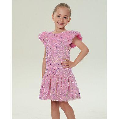Girls' Velvet Sequin Flutter Sleeve Drop Waist Dress