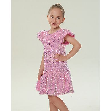Girls' Velvet Sequin Flutter Sleeve Drop Waist Dress