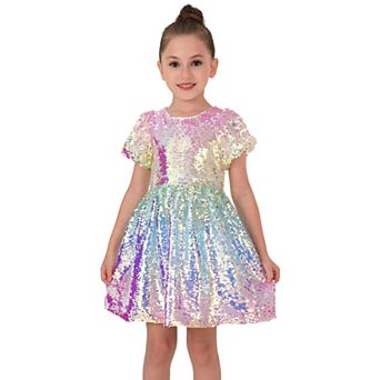 Girls’ Ombre Sequin Puff Sleeve Fit and Flare Party Dress