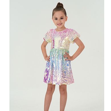 2Bunnies Girls’ Ombre Sequin Puff Sleeve Fit and Flare Party Dress