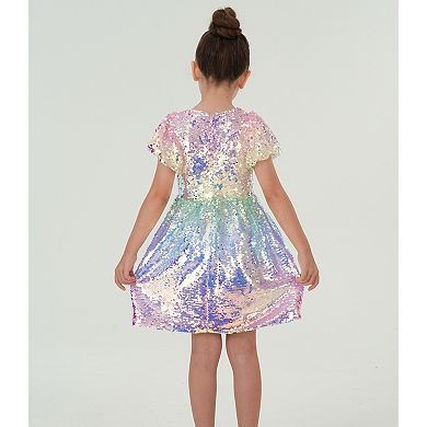 2Bunnies Girls’ Ombre Sequin Puff Sleeve Fit and Flare Party Dress