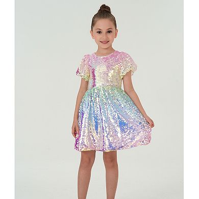 2Bunnies Girls’ Ombre Sequin Puff Sleeve Fit and Flare Party Dress