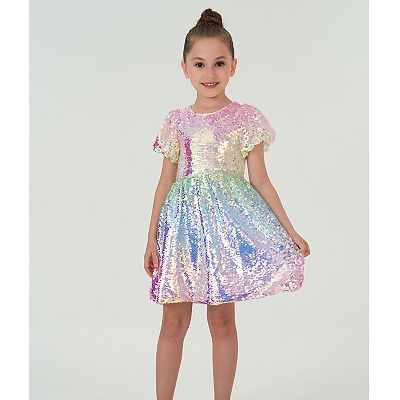 2Bunnies Girls' Ombre Sequin Puff Sleeve Fit and Flare Party Dress
