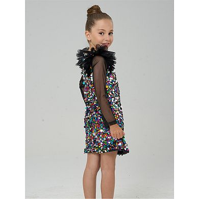 Girls’ Colorful Sequin Party Dress with Black Tulle Shoulder Ruffles and Sheer Long Sleeve