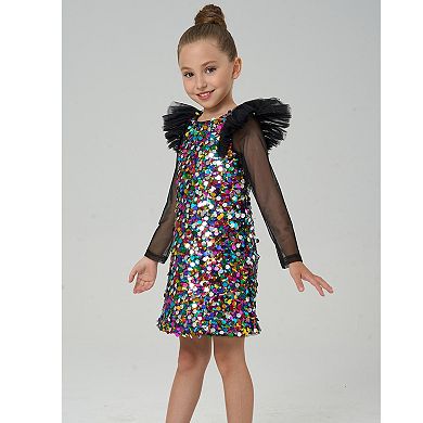 Girls’ Colorful Sequin Party Dress with Black Tulle Shoulder Ruffles and Sheer Long Sleeve