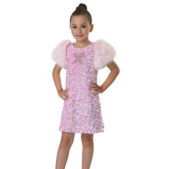 Girls Shimmer Pink Velvet Sequin Fur Sleeve Party Dress