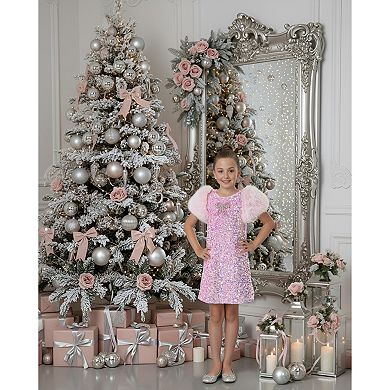 Girls Shimmer Pink Velvet Sequin Fur Sleeve Party Dress