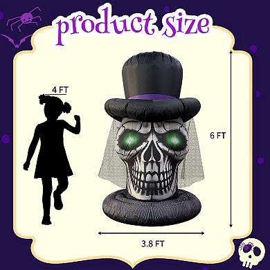 GOOSH 6FT Inflatable Skull with Top Hat Light-Up Halloween Yard Decoration