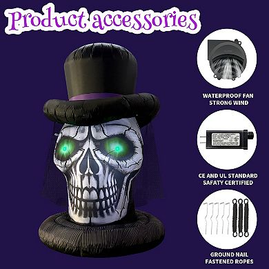 GOOSH 6FT Inflatable Skull with Top Hat Light-Up Halloween Yard Decoration