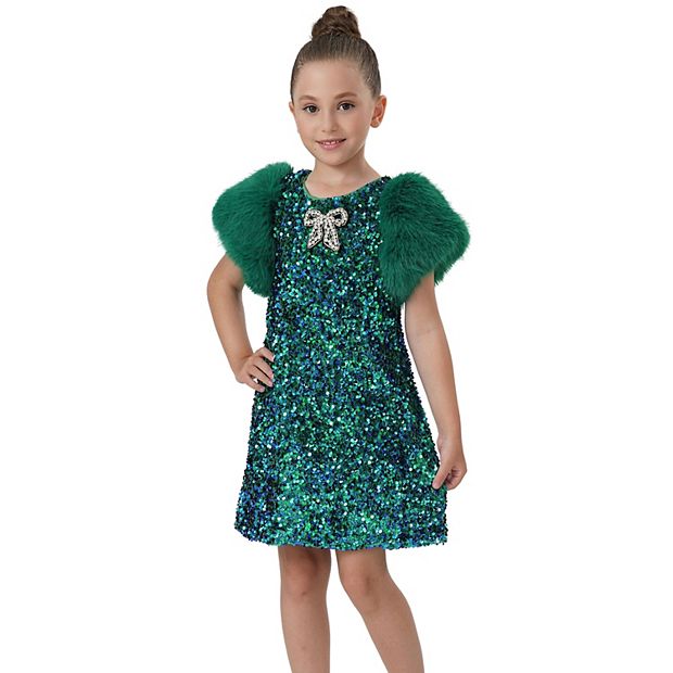 2Bunnies Girls Emerald Green Velvet Sequin Fur Puff Sleeve Holiday Party  Dress