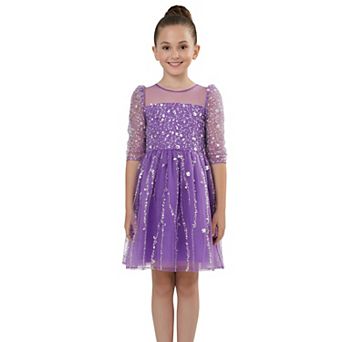 Girls Purple Long Sleeve Beaded Sequin Tulle Mesh Holiday Party Dress