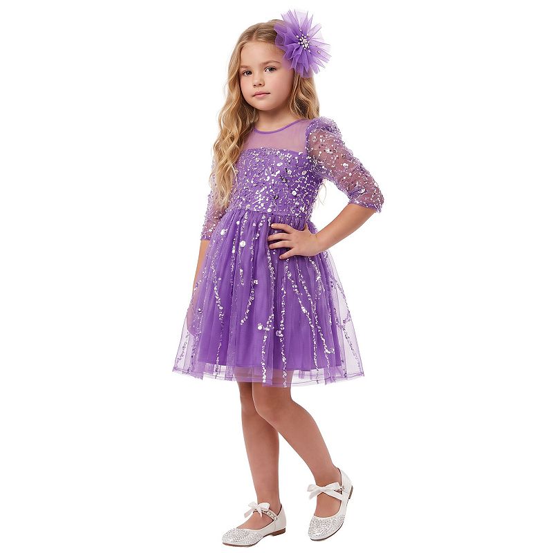 girls holiday party dress 2Bunnies Girls' Beaded Sequin-Embellished Tulle 3/4 Sleeve 7-8 years / Purple red party dress maxi