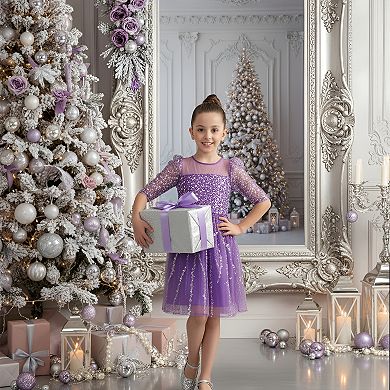 Girls Purple Long Sleeve Beaded Sequin Tulle Mesh Holiday Party Dress