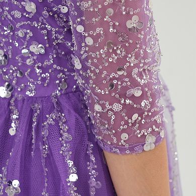Girls Purple Long Sleeve Beaded Sequin Tulle Mesh Holiday Party Dress