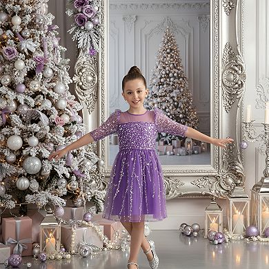 Girls Purple Long Sleeve Beaded Sequin Tulle Mesh Holiday Party Dress