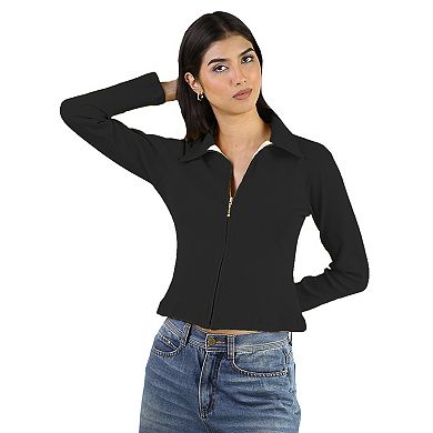 Artyska Women’s Ribbed Zip-Up Collared Long Sleeve Top