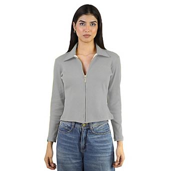 Artyska Women’s Ribbed Zip-Up Collared Long Sleeve Top
