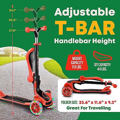 3 Wheel Kids Scooter with Foldable Seat, Adjustable Handlebar, LED Wheels, Anti-Slip Deck