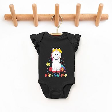 The Juniper Shop Mini Smiley Unicorn Distressed Flutter Sleeve Bodysuit