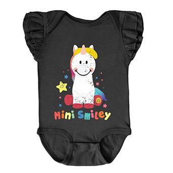 The Juniper Shop Mini Smiley Unicorn Distressed Flutter Sleeve Bodysuit