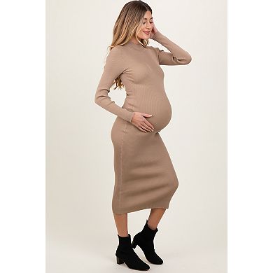 Maternity Taupe Mock Neck Fitted Ribbed Knit Midi Dress