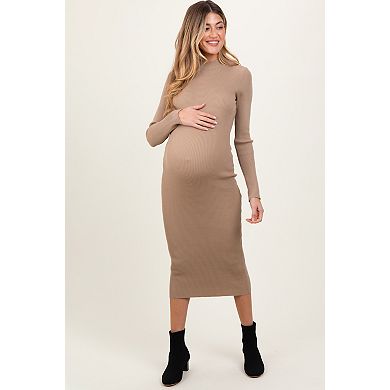 Maternity Taupe Mock Neck Fitted Ribbed Knit Midi Dress