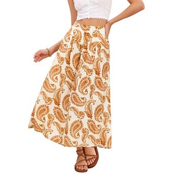 Floral Midi Skirt for Women's Summer High Waist Boho Paisley Print A-Line Zipper Trendy Skirts