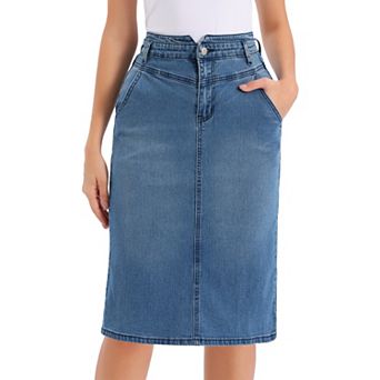 Denim Skirt for Women Casual Back Slit Stretchy High Waisted Midi Jean Skirt