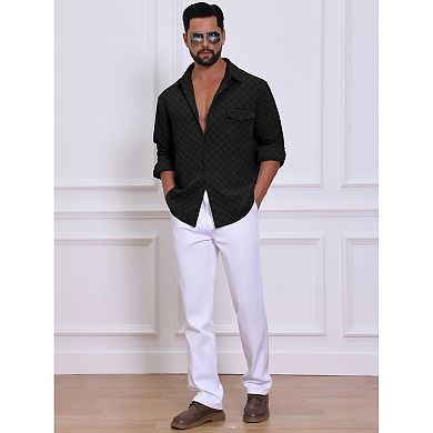 Men's Plaid Textured Shirt Casual Solid Pocket Long Sleeve Button Down Shirt
