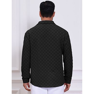 Men's Plaid Textured Shirt Casual Solid Pocket Long Sleeve Button Down Shirt
