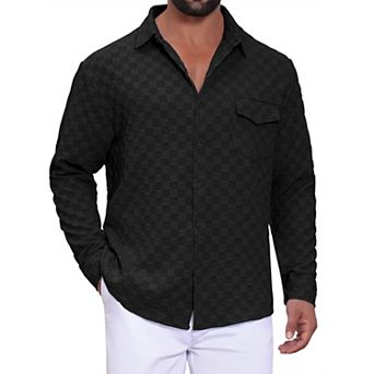 Men's Plaid Textured Shirt Casual Solid Pocket Long Sleeve Button Down Shirt