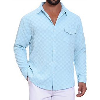 Men's Plaid Textured Shirt Casual Solid Pocket Long Sleeve Button Down Shirt