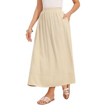Linen Skirt for Women's Summer Casual High Elastic Waist A-Line Midi Skirts