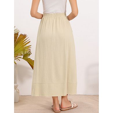 Linen Skirt for Women's Summer Casual High Elastic Waist A-Line Midi Skirts
