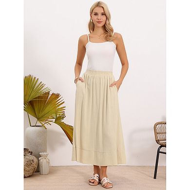 Linen Skirt for Women's Summer Casual High Elastic Waist A-Line Midi Skirts