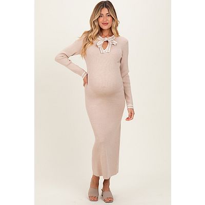 maternity sweater dress Momyknows Off Shoulder Knit Bodycon Mermaid Going Out Baby Shower Maternity Sweater Maxi Dress Beige / ONE SIZE main image 1