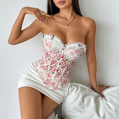 Corset Top for Women Flower Embroidery Strapless Overbust Corset Bustier Push Up Bodyshaper Tube Top