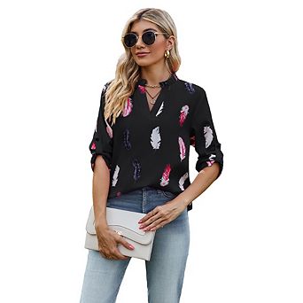 Womens Blouse 3/4 Cuffed Sleeve Chiffon Blouses Ruffle Hem V Neck Mock Shirts Dressy Casual Tops