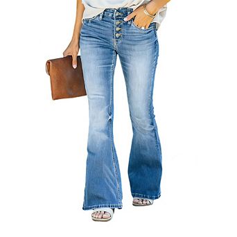 Women's High Waisted Jeans Wide Leg Button Fly Bell Bottoms Flared Denim Pants