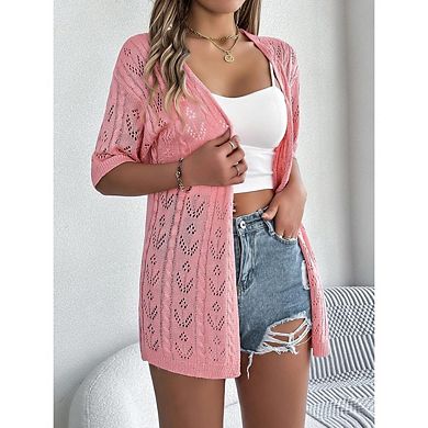 Women's Crochet Cardigan Short Sleeve Boho Oversized Open Front Knitted Cardigan